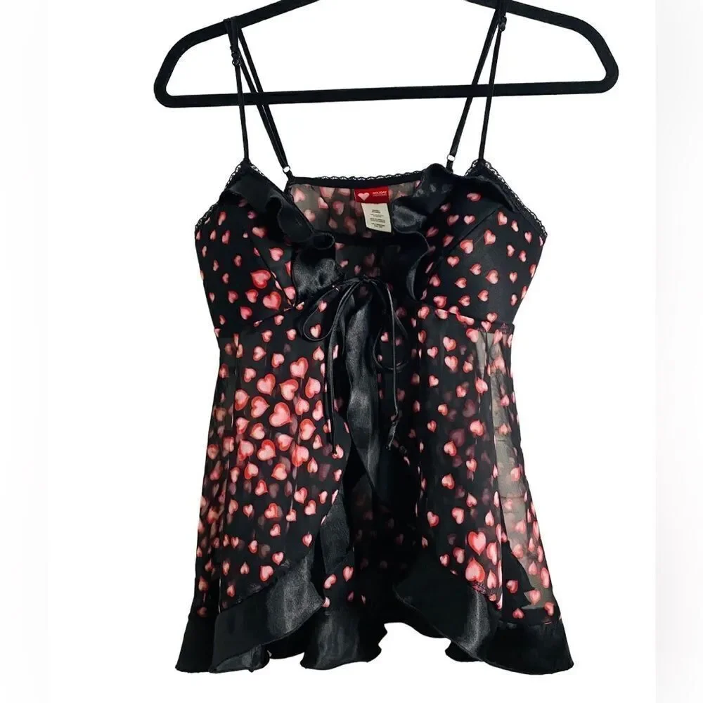 Black Lingerie W Pink Hearts OS Silky Sash Tie Ruffles Open Front Coquette
